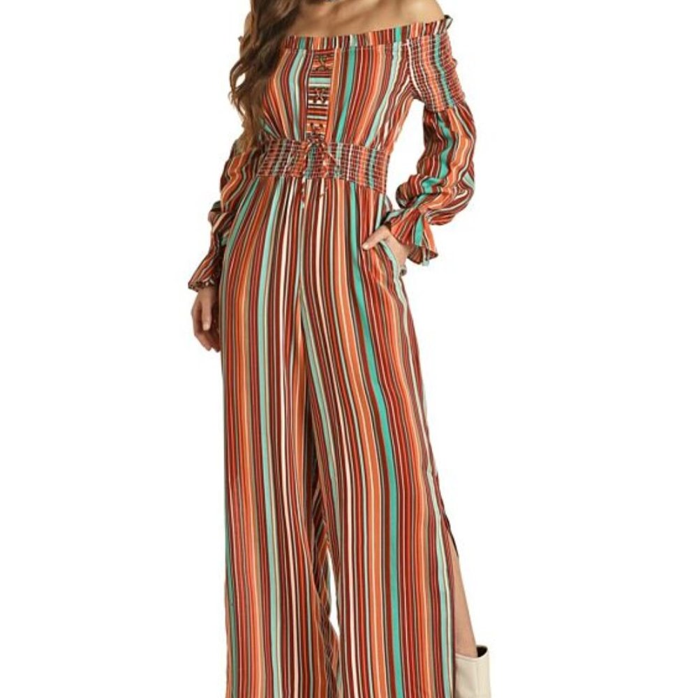 Rock & Roll Cowgirl Striped Off-Shoulder Jumpsuit